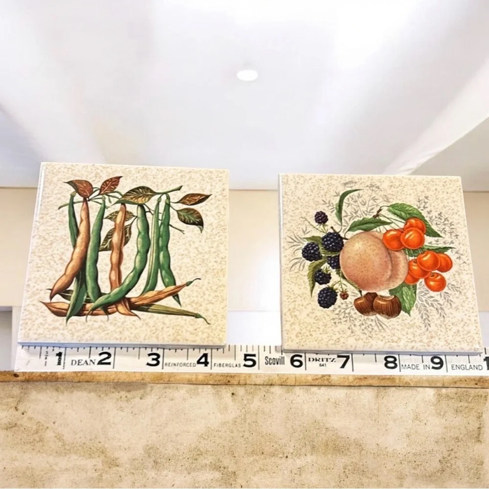 Vintage OMC Mexico Botanical Ceramic Trivet Tile Set 4.2”